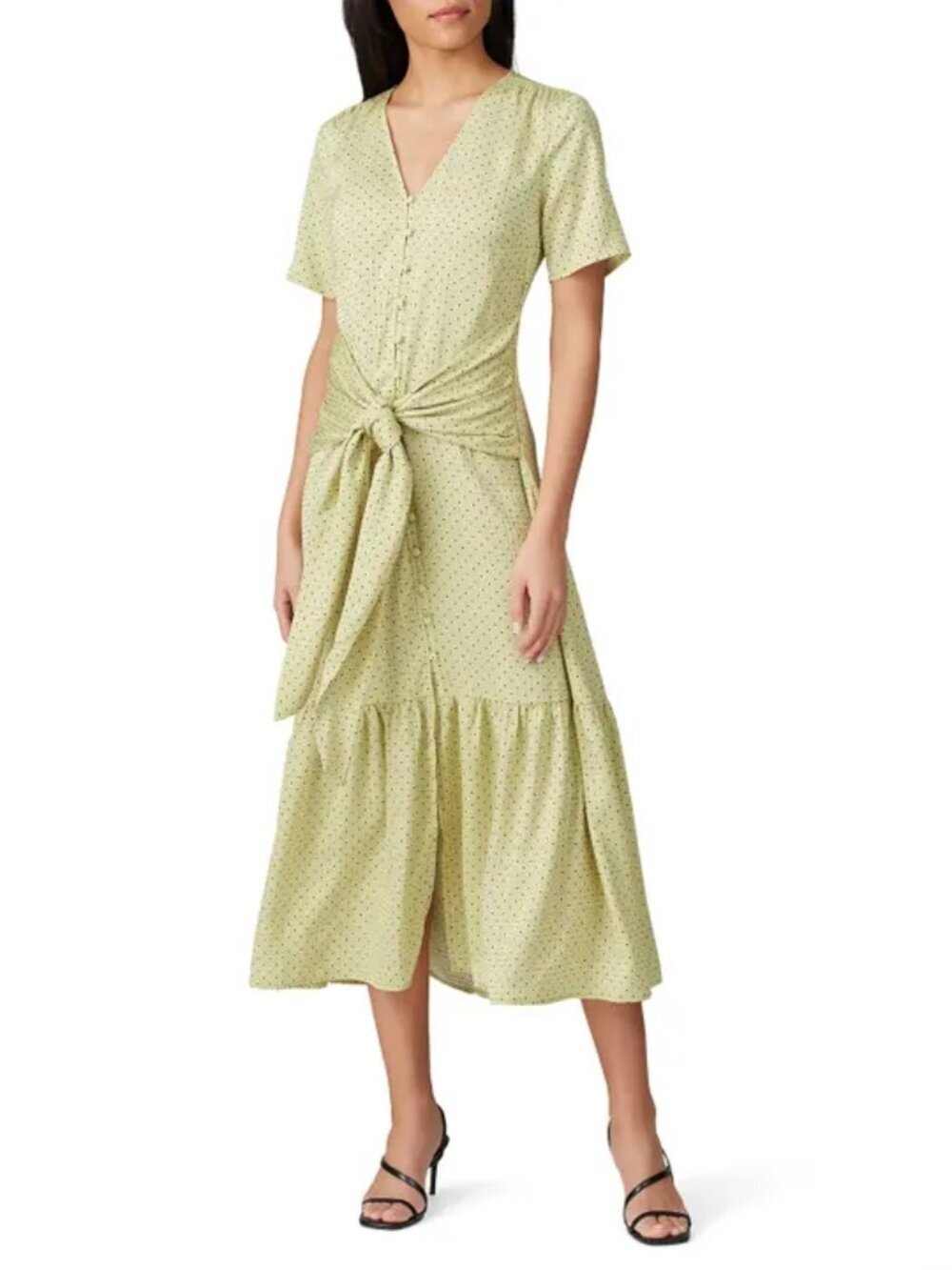 Love, Whit by Whitney Port Citron Dot Tie Waist Midi Dress Satin Button Size XL
